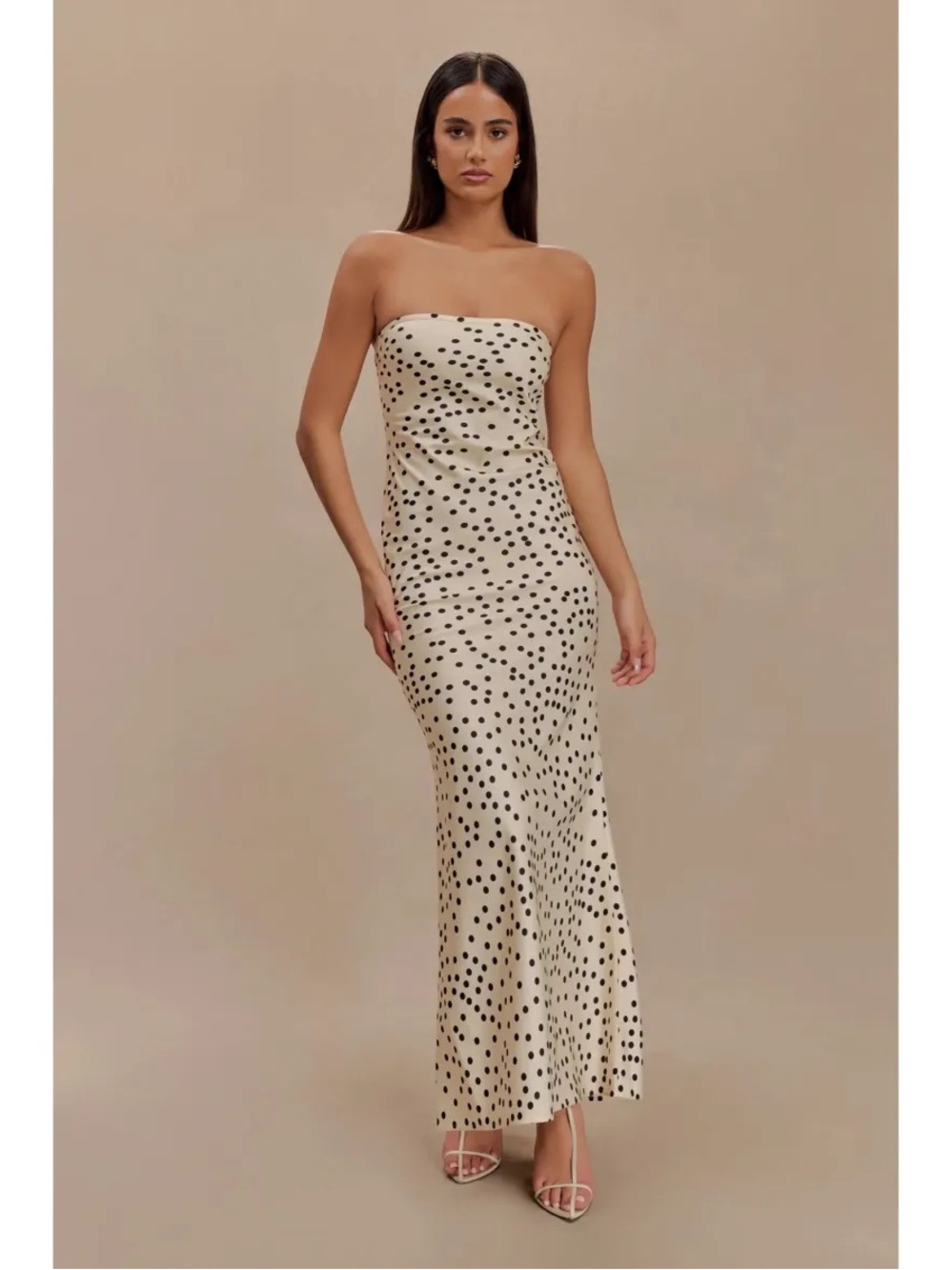 NWT MESHKI Claudette Strapless Satin Maxi Dress Polka Dot Print, Size S